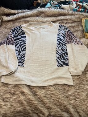Cream Knit Sweater with Zebra & Leopard Accent Panels